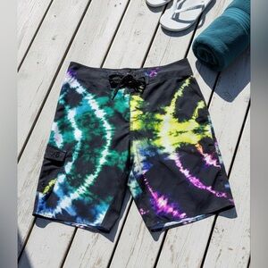 HANG TEN Men’s Retro Black Neon Tie Dye Board Shorts with Side Cargo Pocket